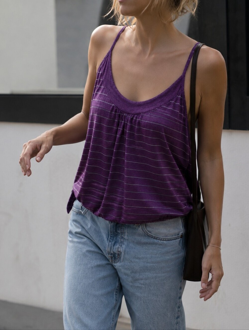 PURPLE STRIPED CAMISOLE FLOWY TANK TOP ADJUSTABLE HEM RELAXED FIT SIZE SMALL